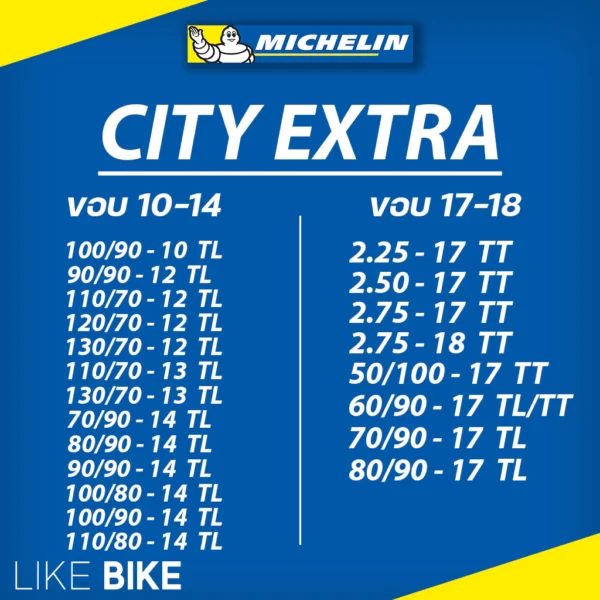 ตารางยางมอเตอร์ไซค์ City Extra Michelin